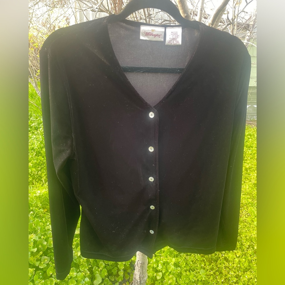 Black velvet cardigan with shell buttons